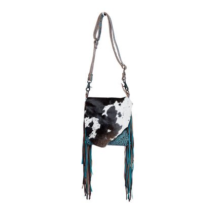 Myra Cobal Blue Concealed Carry Bag â€“ Hair-On Leather Crossbody with Embossed Turquoise Panel and Fringe Detailing