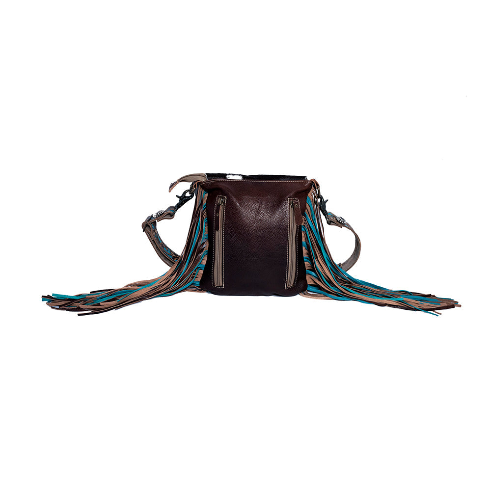 Myra Cobal Blue Concealed Carry Bag â€“ Hair-On Leather Crossbody with Embossed Turquoise Panel and Fringe Detailing