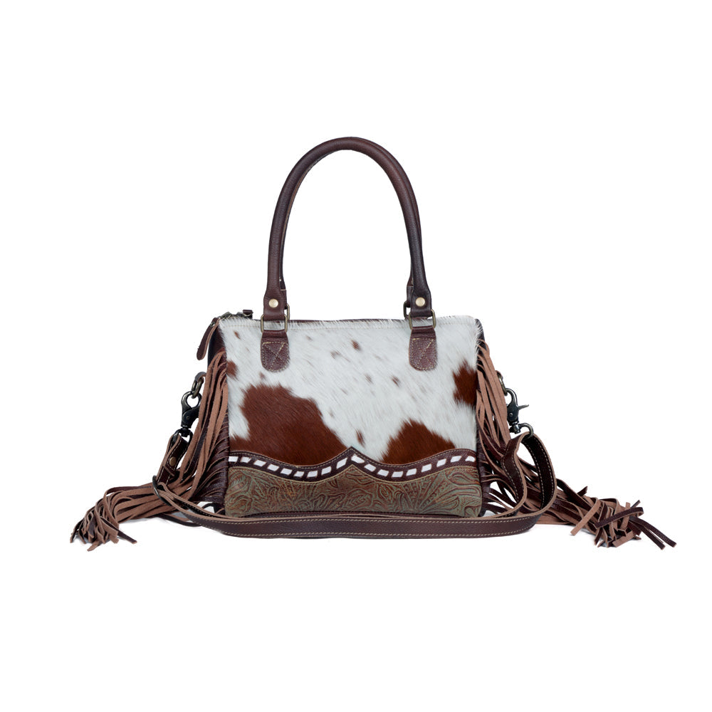 Myra Brown Freckles Concealed Carry Bag â€“ Hairon Leather with Fringe Detail and Tooled Trim, Dual Carry Western Tote