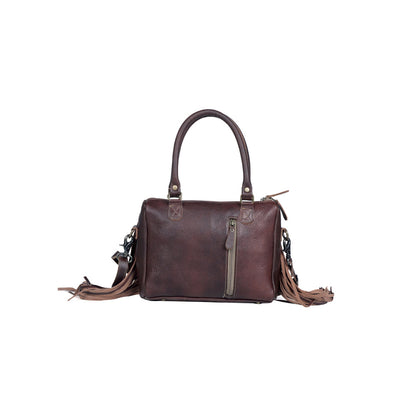 Myra Brown Freckles Concealed Carry Bag â€“ Hairon Leather with Fringe Detail and Tooled Trim, Dual Carry Western Tote