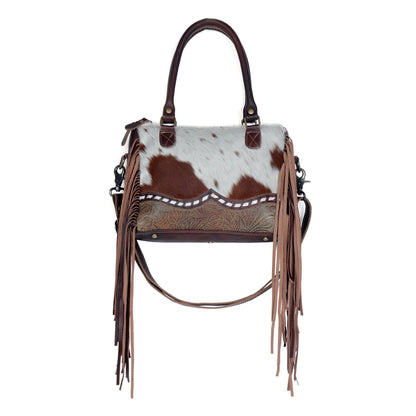 Myra Brown Freckles Concealed Carry Bag â€“ Hairon Leather with Fringe Detail and Tooled Trim, Dual Carry Western Tote