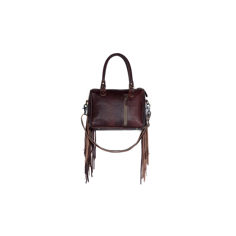 Myra Brown Freckles Concealed Carry Bag â€“ Hairon Leather with Fringe Detail and Tooled Trim, Dual Carry Western Tote