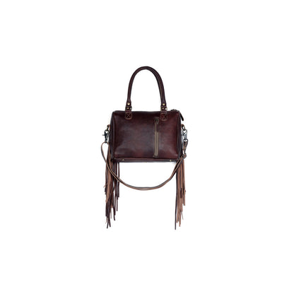 Myra Brown Freckles Concealed Carry Bag â€“ Hairon Leather with Fringe Detail and Tooled Trim, Dual Carry Western Tote