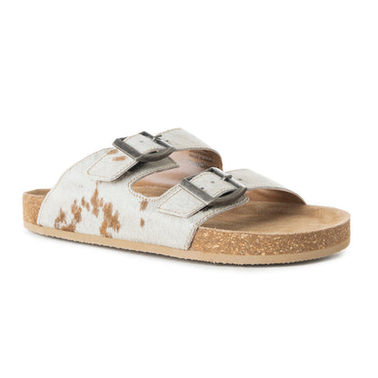 Myra Restful Hairon Leather Slides for Women – Adjustable Straps, Cork Footbed & Stylish Dual Buckle