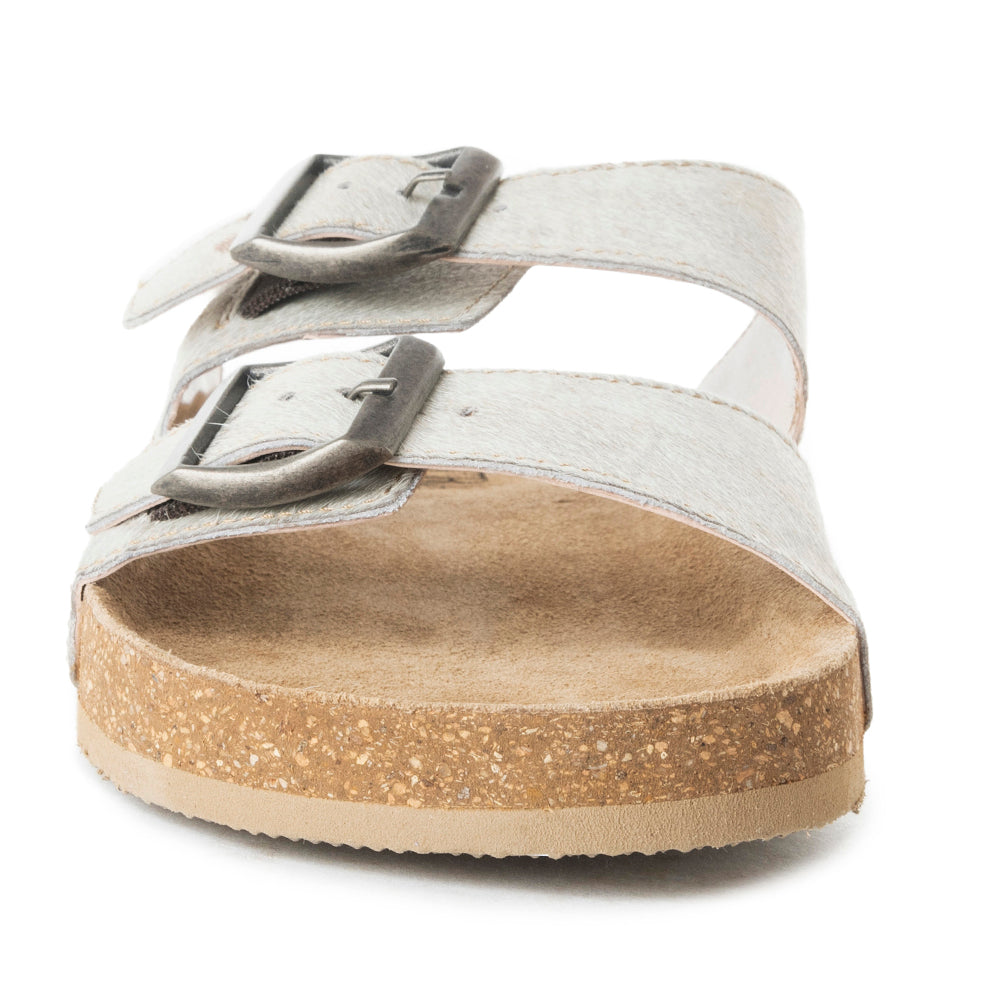 Myra Restful Hairon Leather Slides for Women – Adjustable Straps, Cork Footbed & Stylish Dual Buckle