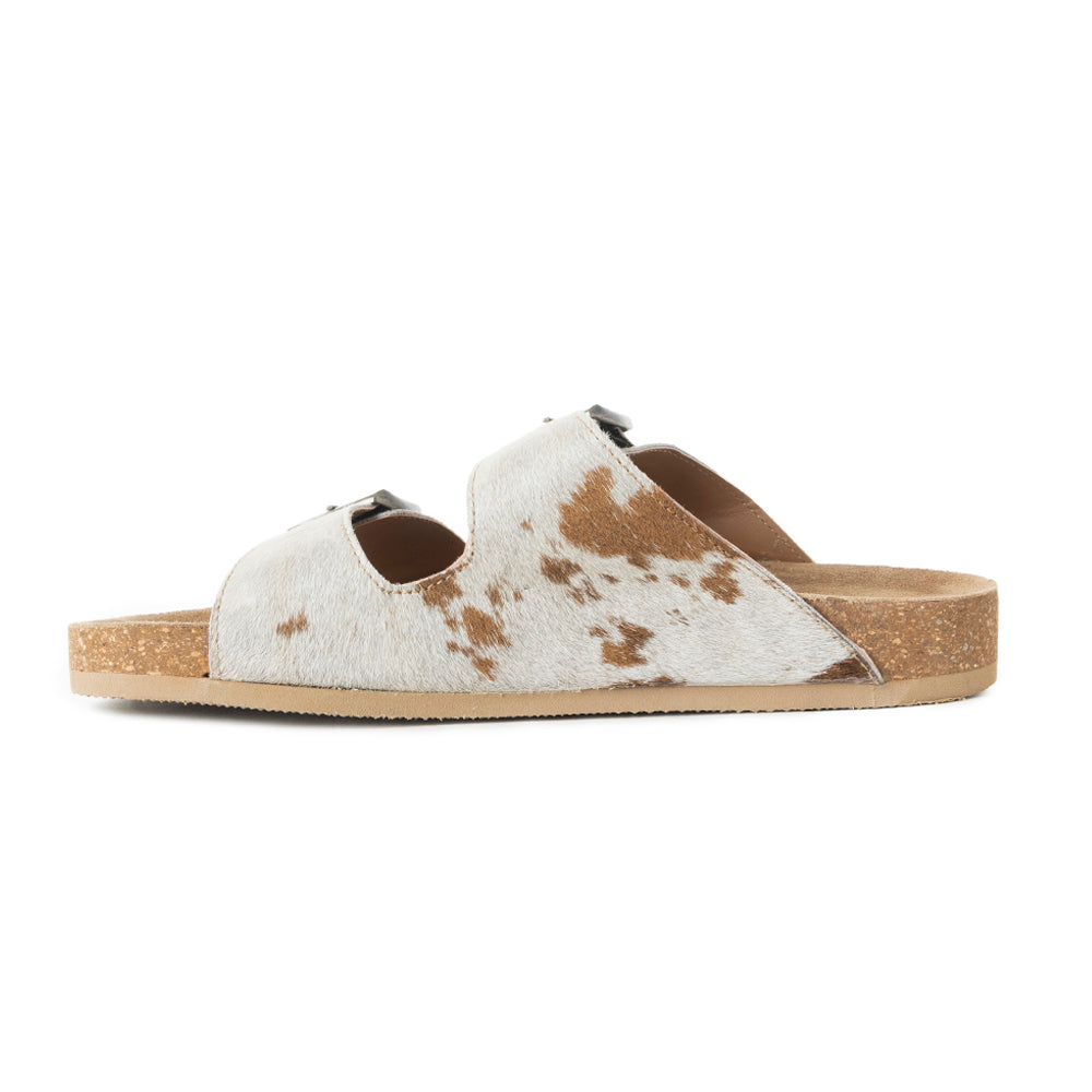 Myra Restful Hairon Leather Slides for Women – Adjustable Straps, Cork Footbed & Stylish Dual Buckle
