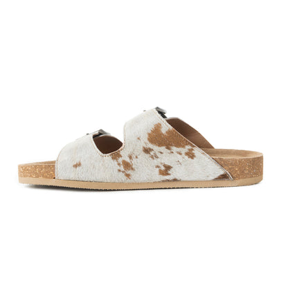 Myra Restful Hairon Leather Slides for Women – Adjustable Straps, Cork Footbed & Stylish Dual Buckle