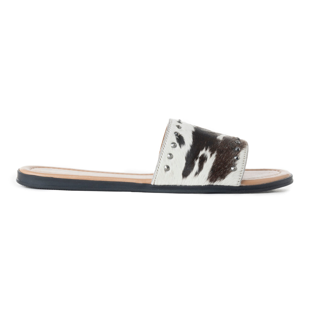 Myra Wild Dust Hairon Leather Slide Sandals â€“ Studded Flats for Women, Slip-On Comfort with Western Charm