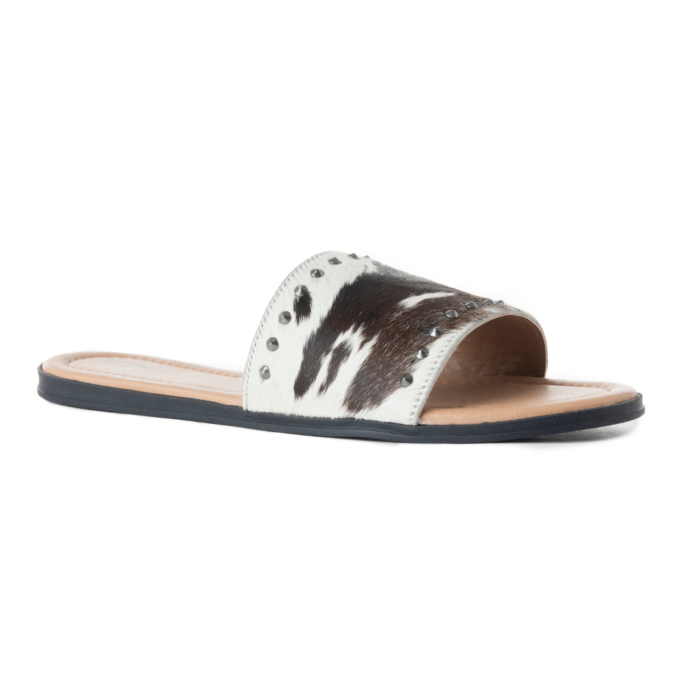 Myra Wild Dust Hairon Leather Slide Sandals â€“ Studded Flats for Women, Slip-On Comfort with Western Charm