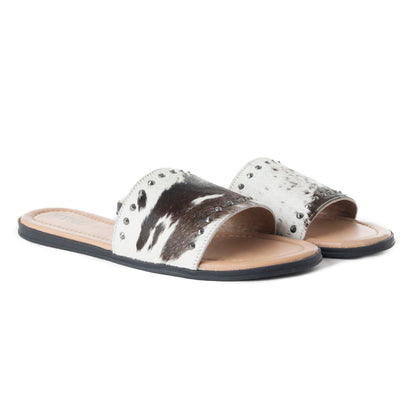 Myra Wild Dust Hairon Leather Slide Sandals â€“ Studded Flats for Women, Slip-On Comfort with Western Charm
