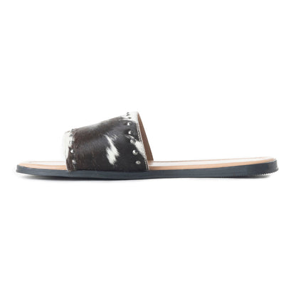 Myra Wild Dust Hairon Leather Slide Sandals â€“ Studded Flats for Women, Slip-On Comfort with Western Charm