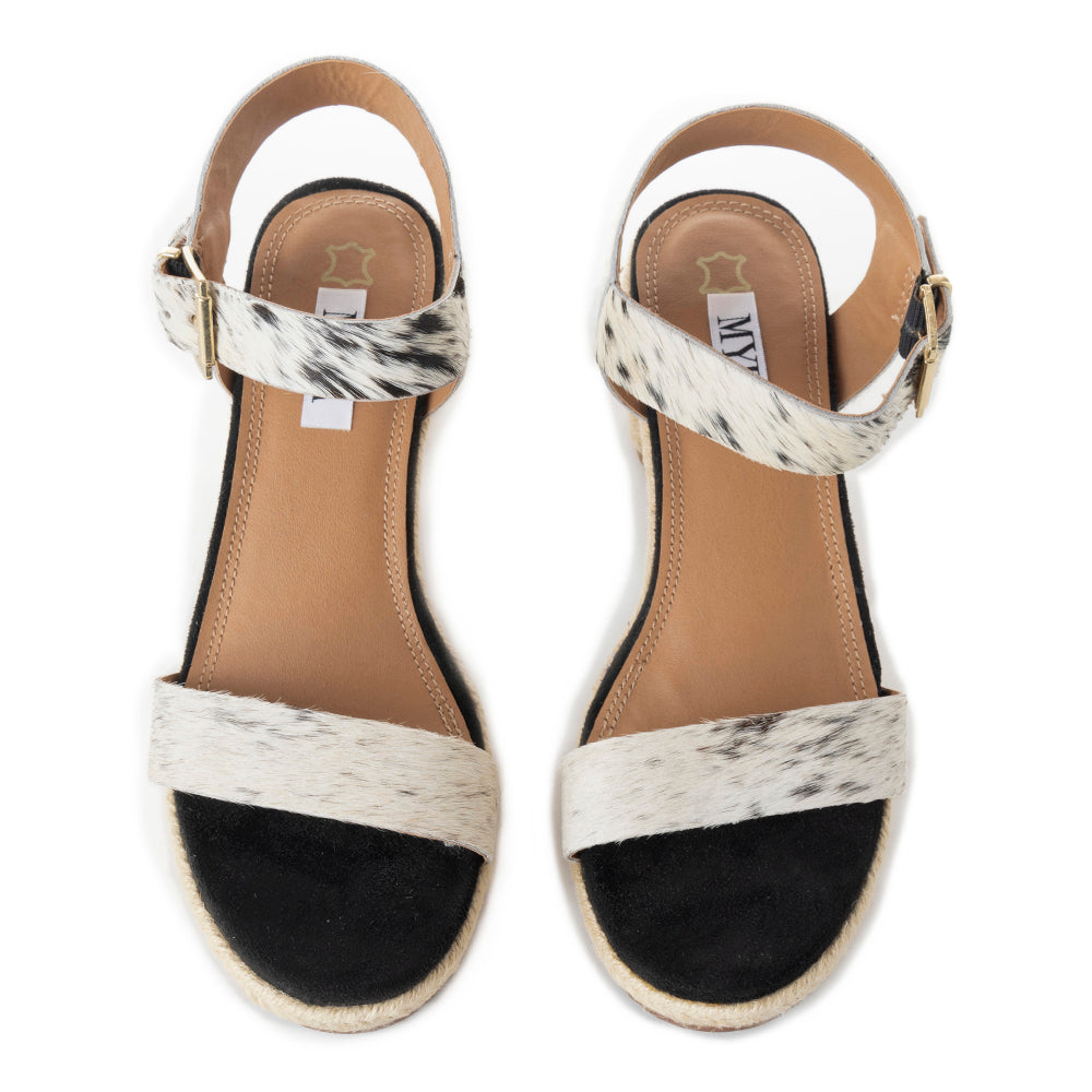 Myra Satin Hairon Leather Heels for Women – White Hairon Block Heels with Buckle Strap & Jute Accents
