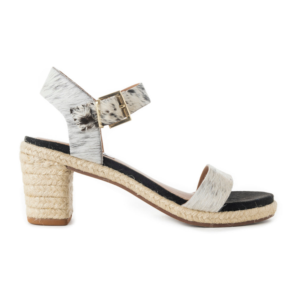Myra Satin Hairon Leather Heels for Women – White Hairon Block Heels with Buckle Strap & Jute Accents