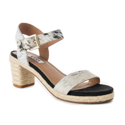 Myra Satin Hairon Leather Heels for Women – White Hairon Block Heels with Buckle Strap & Jute Accents