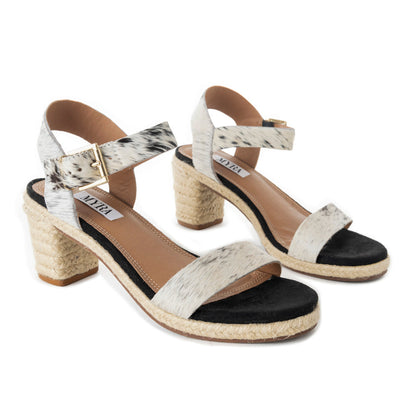 Myra Satin Hairon Leather Heels for Women – White Hairon Block Heels with Buckle Strap & Jute Accents