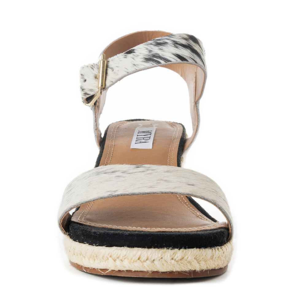 Myra Satin Hairon Leather Heels for Women – White Hairon Block Heels with Buckle Strap & Jute Accents