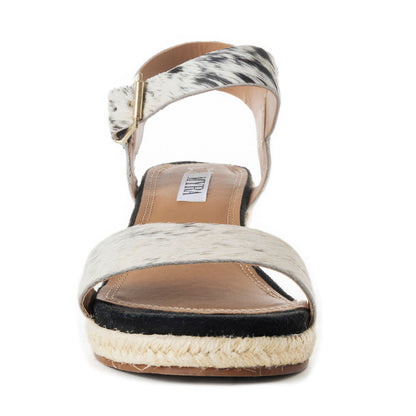 Myra Satin Hairon Leather Heels for Women – White Hairon Block Heels with Buckle Strap & Jute Accents