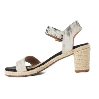 Myra Satin Hairon Leather Heels for Women – White Hairon Block Heels with Buckle Strap & Jute Accents