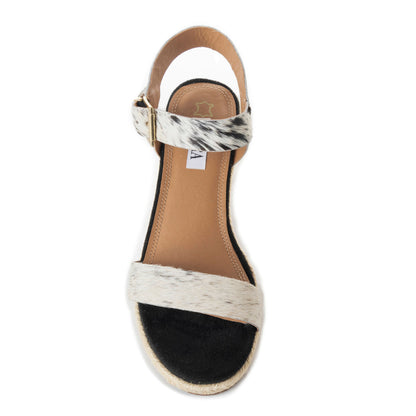 Myra Satin Hairon Leather Heels for Women – White Hairon Block Heels with Buckle Strap & Jute Accents