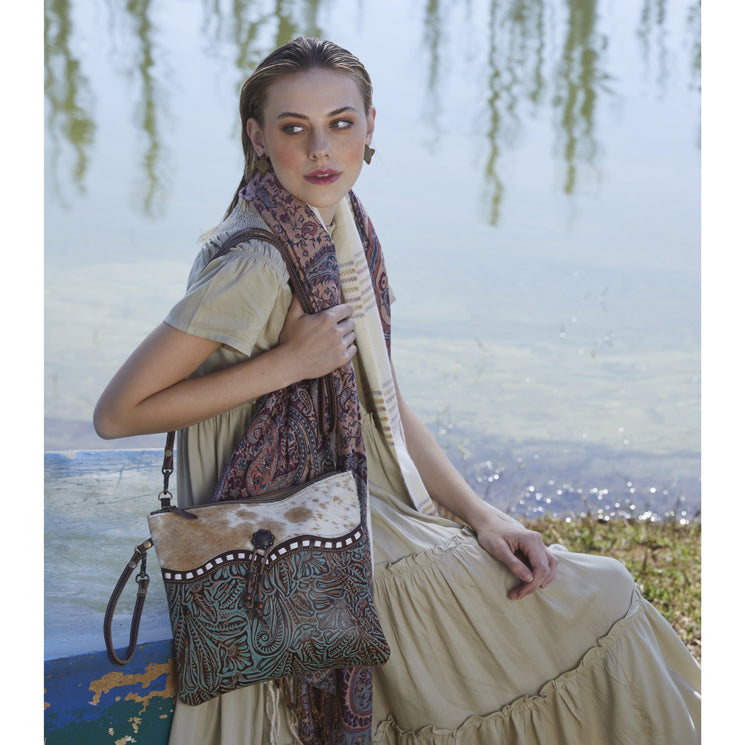 Myra Blue Isle Embossed Leather Crossbody Bag for Women â€“ Small Size Western Sling with Hairon Accents