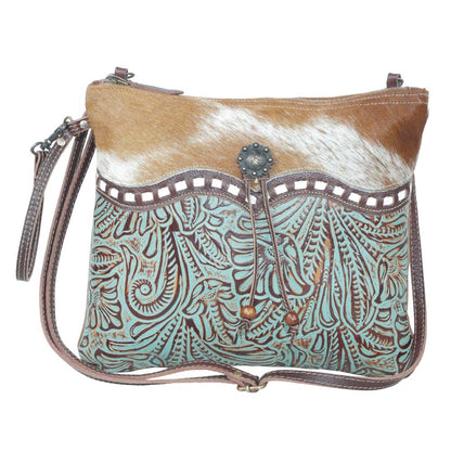 Myra Blue Isle Embossed Leather Crossbody Bag for Women â€“ Small Size Western Sling with Hairon Accents
