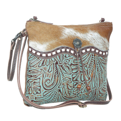 Myra Blue Isle Embossed Leather Crossbody Bag for Women â€“ Small Size Western Sling with Hairon Accents