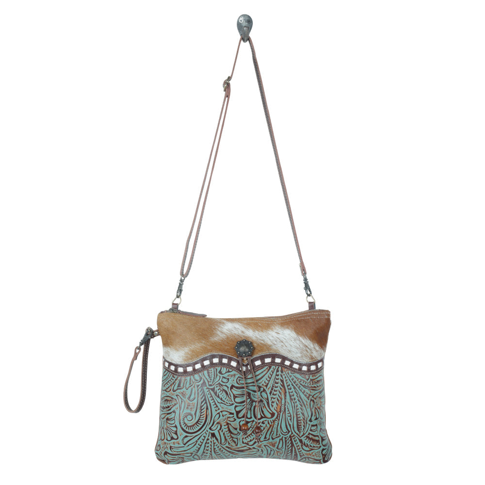 Myra Blue Isle Embossed Leather Crossbody Bag for Women â€“ Small Size Western Sling with Hairon Accents