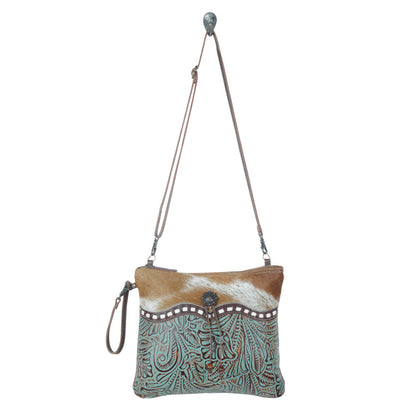 Myra Blue Isle Embossed Leather Crossbody Bag for Women â€“ Small Size Western Sling with Hairon Accents