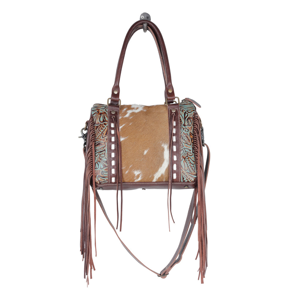 Myra Maia Hairon Leather Concealed Carry Bag for Women – Tooled Leather Panels, Fringed Sides, Dual Straps for Easy Carry