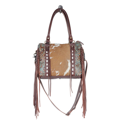 Myra Maia Hairon Leather Concealed Carry Bag for Women – Tooled Leather Panels, Fringed Sides, Dual Straps for Easy Carry