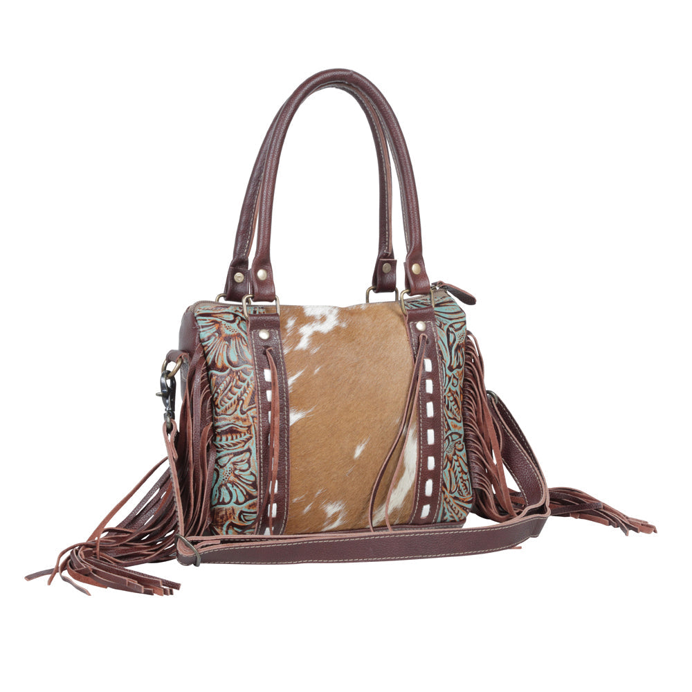 Myra Maia Hairon Leather Concealed Carry Bag for Women – Tooled Leather Panels, Fringed Sides, Dual Straps for Easy Carry