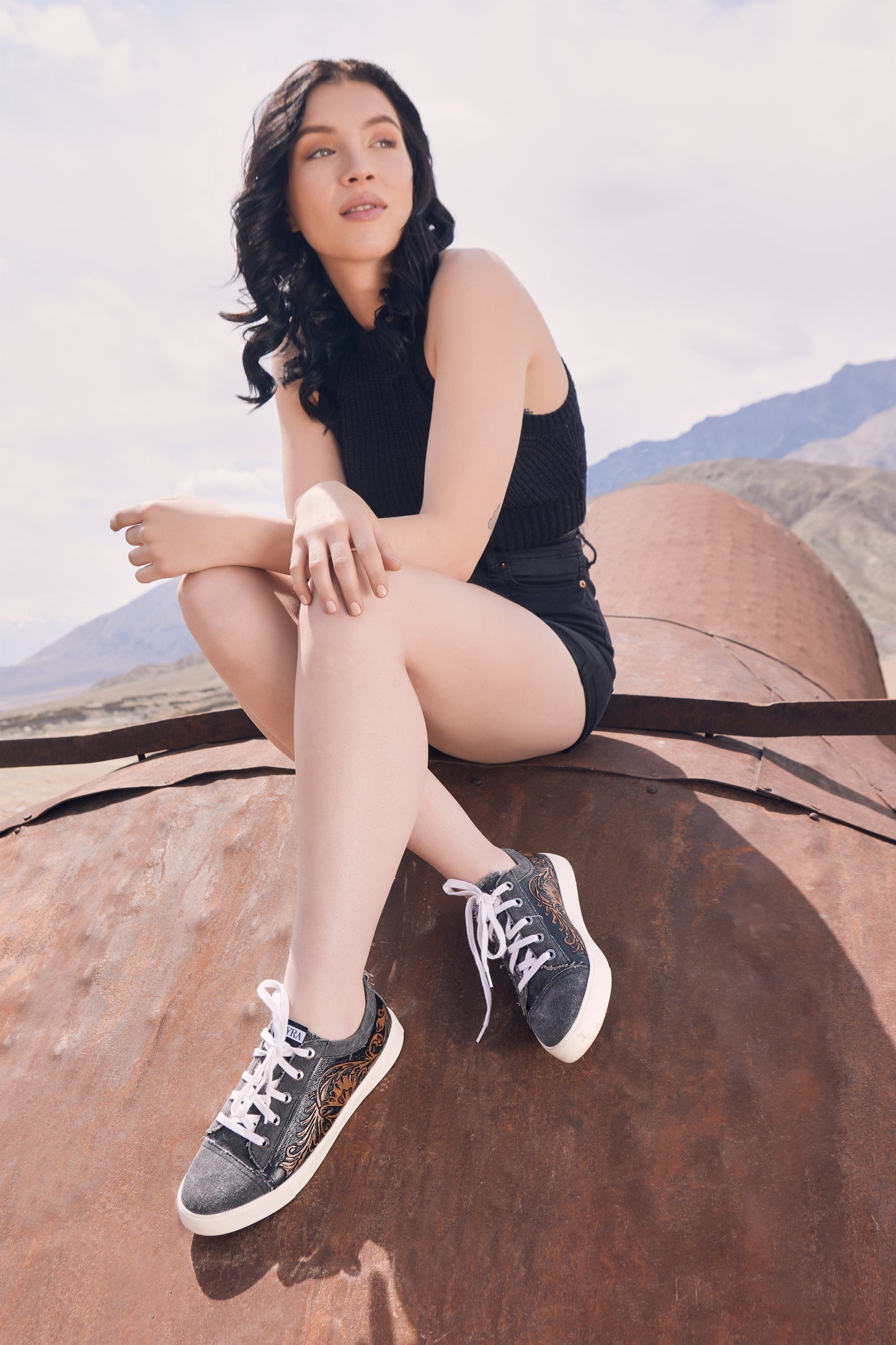 Myra Limited Edition Leather Sneakers for Women - Hand-Tooled Western Lace-Up Shoes with Textured Finish for Everyday Style