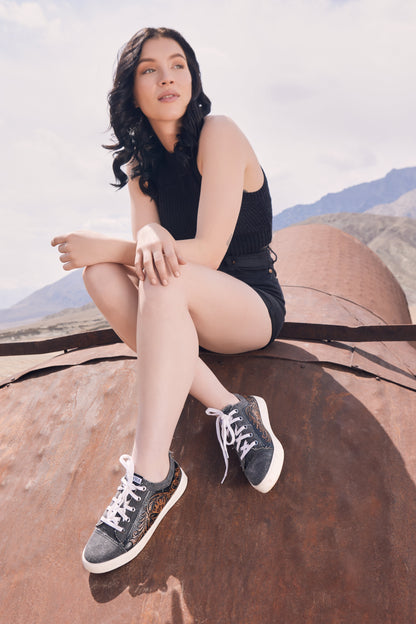 Myra Limited Edition Leather Sneakers for Women - Hand-Tooled Western Lace-Up Shoes with Textured Finish for Everyday Style