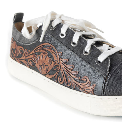 Myra Limited Edition Leather Sneakers for Women - Hand-Tooled Western Lace-Up Shoes with Textured Finish for Everyday Style