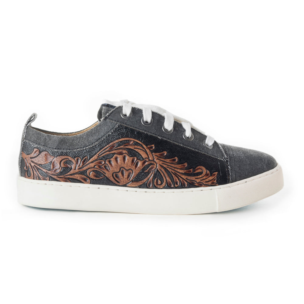 Myra Limited Edition Leather Sneakers for Women - Hand-Tooled Western Lace-Up Shoes with Textured Finish for Everyday Style
