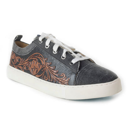 Myra Limited Edition Leather Sneakers for Women - Hand-Tooled Western Lace-Up Shoes with Textured Finish for Everyday Style