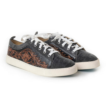 Myra Limited Edition Leather Sneakers for Women - Hand-Tooled Western Lace-Up Shoes with Textured Finish for Everyday Style