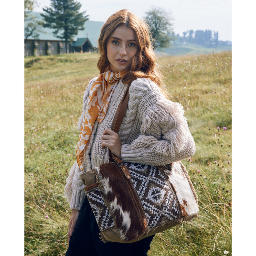 Myra Elisa Le Hairon Leather Tote Bag â€“ Fringe Accents, Handwoven Tribal Design for Everyday Use
