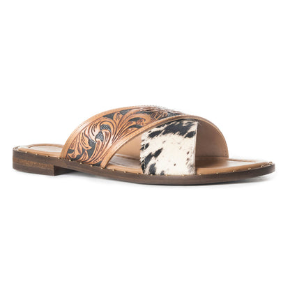 Myra Chappy Leather Slip-On Sandals for Women - Criss-cross Hairon & Tooled Leather Slides for Everyday Ranch Style