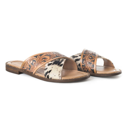 Myra Chappy Leather Slip-On Sandals for Women - Criss-cross Hairon & Tooled Leather Slides for Everyday Ranch Style
