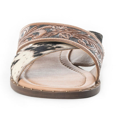 Myra Chappy Leather Slip-On Sandals for Women - Criss-cross Hairon & Tooled Leather Slides for Everyday Ranch Style