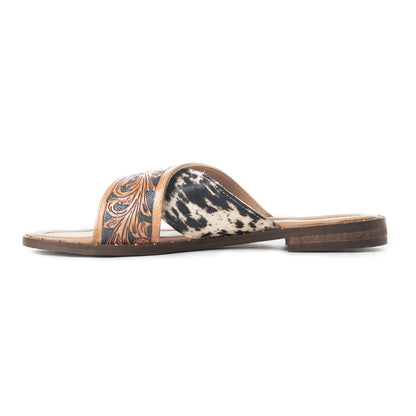 Myra Chappy Leather Slip-On Sandals for Women - Criss-cross Hairon & Tooled Leather Slides for Everyday Ranch Style