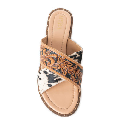 Myra Chappy Leather Slip-On Sandals for Women - Criss-cross Hairon & Tooled Leather Slides for Everyday Ranch Style