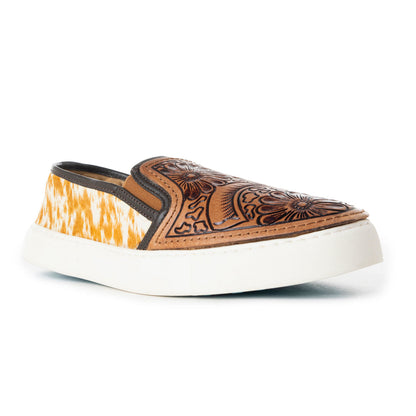 Myra Argun Western Handtooled Hairon Sneakers – Western Floral Slip-On Shoes for Women with Leather Accents