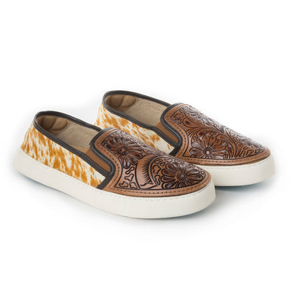 Myra Argun Western Handtooled Hairon Sneakers – Western Floral Slip-On Shoes for Women with Leather Accents