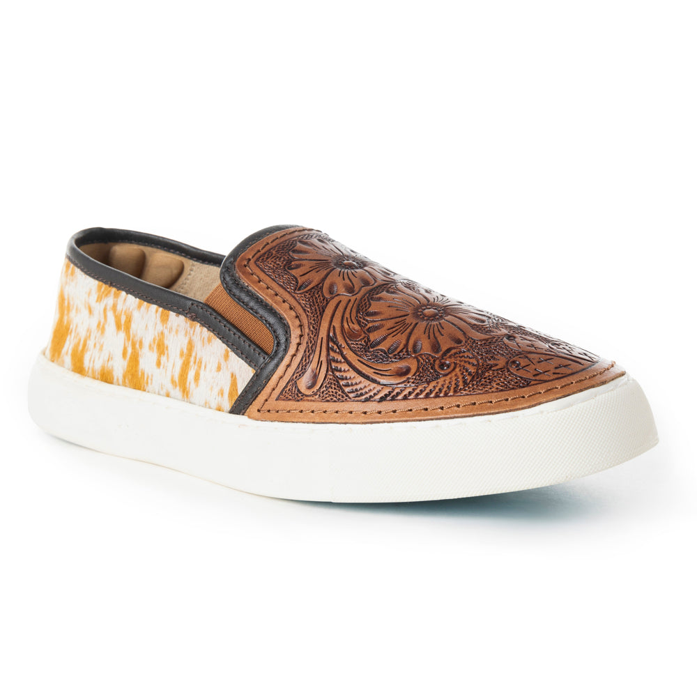 Myra Kryptun Western Handtooled Hairon Leather Slip-On Sneakers for Women – Western Floral Carving, White Sole for Everyday Rodeo Vibe