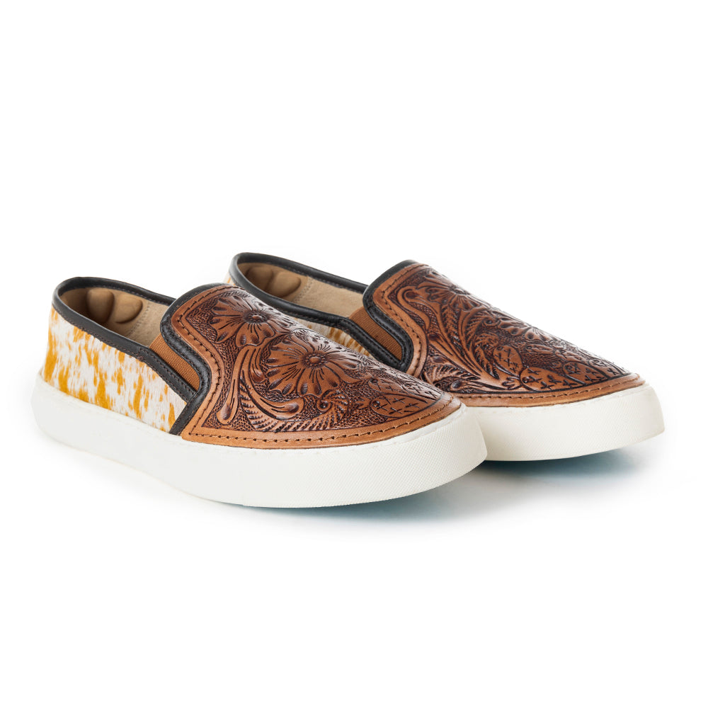 Myra Kryptun Western Handtooled Hairon Leather Slip-On Sneakers for Women – Western Floral Carving, White Sole for Everyday Rodeo Vibe