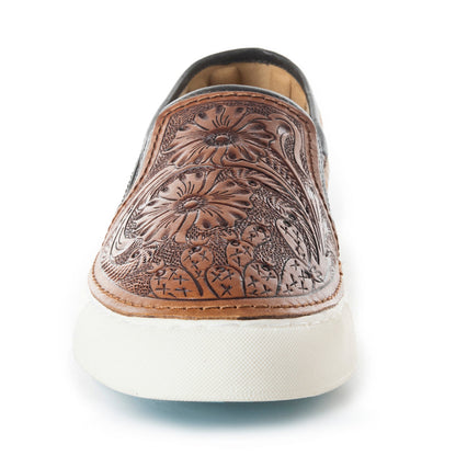 Myra Kryptun Western Handtooled Hairon Leather Slip-On Sneakers for Women – Western Floral Carving, White Sole for Everyday Rodeo Vibe