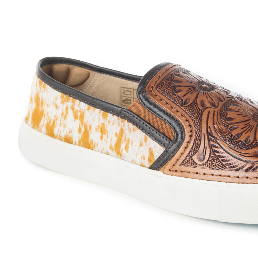 Myra Kryptun Western Handtooled Hairon Leather Slip-On Sneakers for Women – Western Floral Carving, White Sole for Everyday Rodeo Vibe
