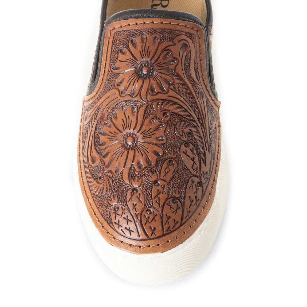 Myra Kryptun Western Handtooled Hairon Leather Slip-On Sneakers for Women – Western Floral Carving, White Sole for Everyday Rodeo Vibe
